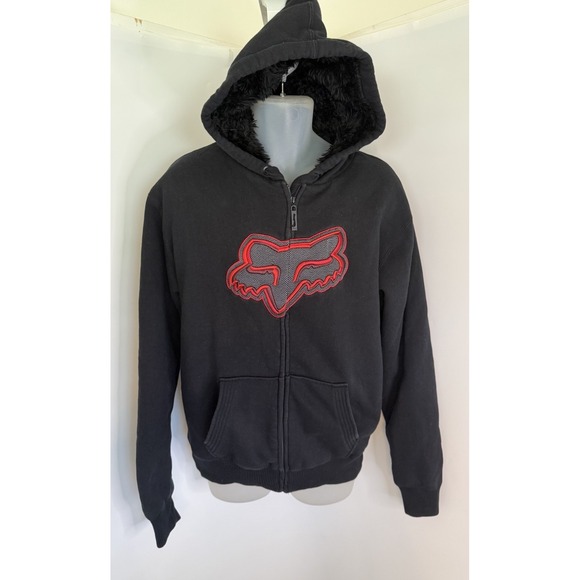 Vintage Y2K Heavy Black Red Big Logo‎ Fox Racing Motocross Hoodie Sweater Large - Picture 1 of 16